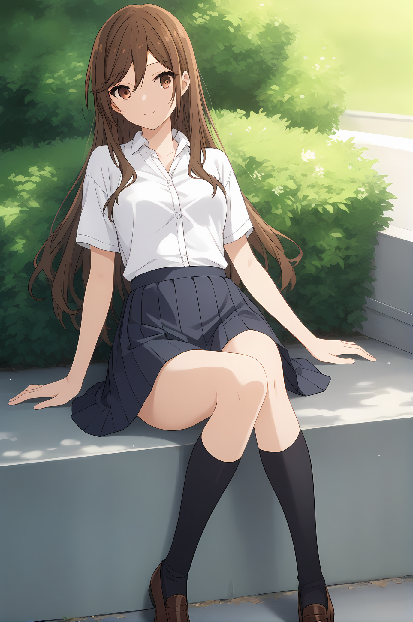 (school uniform skirt white shirt black socks uwabaki), hm-hori, brown hair, brown eyes, medium breasts, 1girl, solo, skinny, score_9, score_8_up, score_8, score_7_up, score_7, score_6_up, score_6, score_5_up, score_5, source_anime, happy, outdoors, (1.3::full body|sitting|standing|lying|straight-on|0.6::close-up| :1.20), , <lora:hm-hori-V01-000003:1.00>, long hair