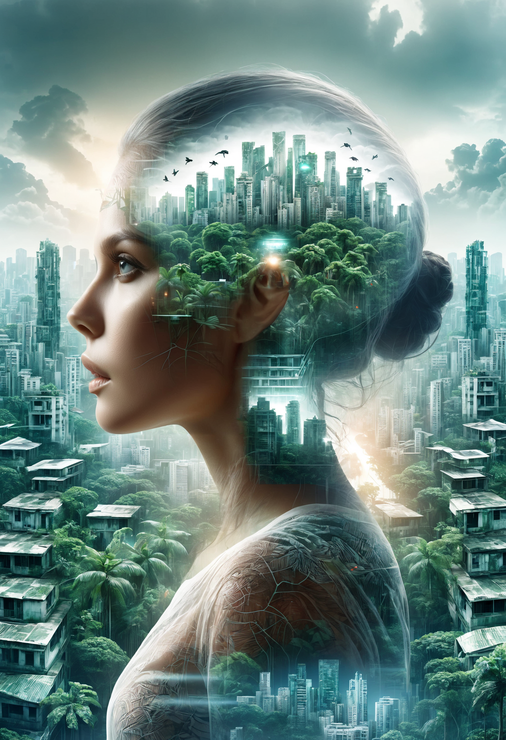 dvr-wwyt, a woman in a dystopian city, a tropical jungle, double exposure <lora:dvr-wwyt:0.8>