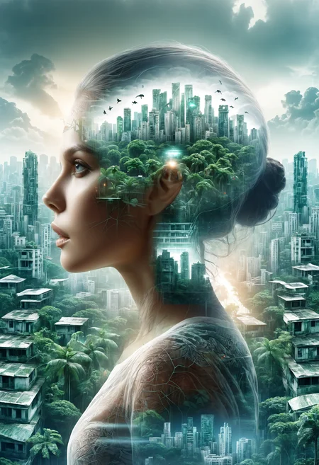 dvr-wwyt, a woman in a dystopian city, a tropical jungle, double exposure <lora:dvr-wwyt:0.8>