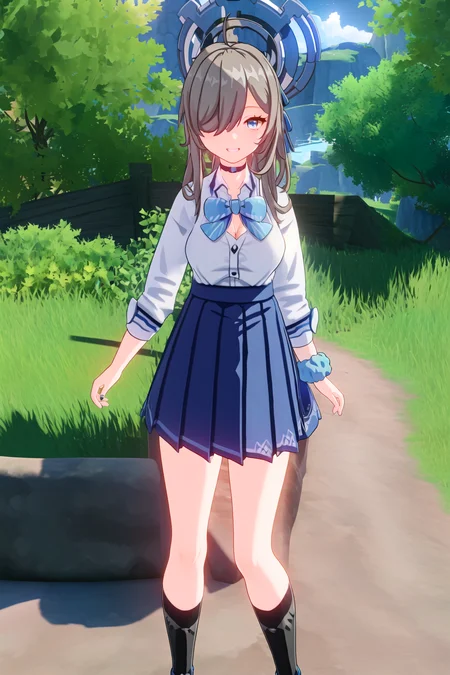 masterpiece, best quality, wral, asuna \(blue archive\), 1girl, solo, skirt, breasts, long hair, shirt, smile, choker, hair over one eye, cleavage, halo, socks, white shirt, bow, pleated skirt, large breasts, grin, blue eyes, very long hair, wrist scrunchie, scrunchie, v, bowtie, black socks, looking at viewer, white background, bangs, simple background, collared shirt, ribbon, long sleeves, hair ribbon, school uniform, black choker, standing, light brown hair, nail polish, blue bow, blush, black skirt, miniskirt, kneehighs, thighs, dress shirt, blue skirt, blue nails, aqua bow, sleeves rolled up, hands up, blue bowtie, feet out of frame, partially unbuttoned, blue ribbon