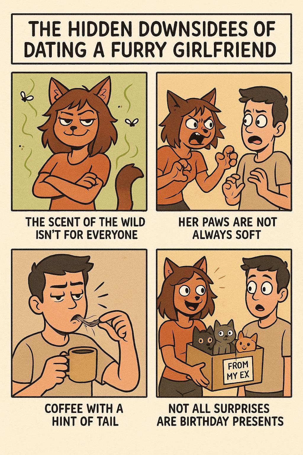 Create a comic strip.

Title: The Hidden Downsides of Dating a Furry Girlfriend

Panel 1
Image: An anthropomorphic cat girl with a smug grin, surrounded by green smell waves with a few cartoon flies buzzing around.
Caption: The scent of the wild isn't for everyone

Panel 2
Image: The angry cat girl stands in claw pose in front of the scared guy.
Caption: Her paws are not always soft

Panel 3
Image: The guy standing with a cup of coffee, pulling fur out of his mouth.
Caption: Coffee with a hint of tail

Panel 4
Image: The cat girl holding a box of kittens with a sign that says "from my ex". The guy looks shocked.
Caption: Not all surprises are birthday presents