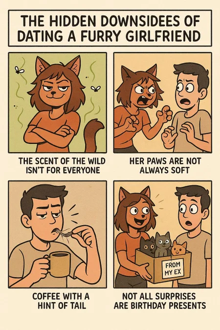 Create a comic strip.

Title: The Hidden Downsides of Dating a Furry Girlfriend

Panel 1
Image: An anthropomorphic cat girl with a smug grin, surrounded by green smell waves with a few cartoon flies buzzing around.
Caption: The scent of the wild isn't for everyone

Panel 2
Image: The angry cat girl stands in claw pose in front of the scared guy.
Caption: Her paws are not always soft

Panel 3
Image: The guy standing with a cup of coffee, pulling fur out of his mouth.
Caption: Coffee with a hint of tail

Panel 4
Image: The cat girl holding a box of kittens with a sign that says "from my ex". The guy looks shocked.
Caption: Not all surprises are birthday presents
