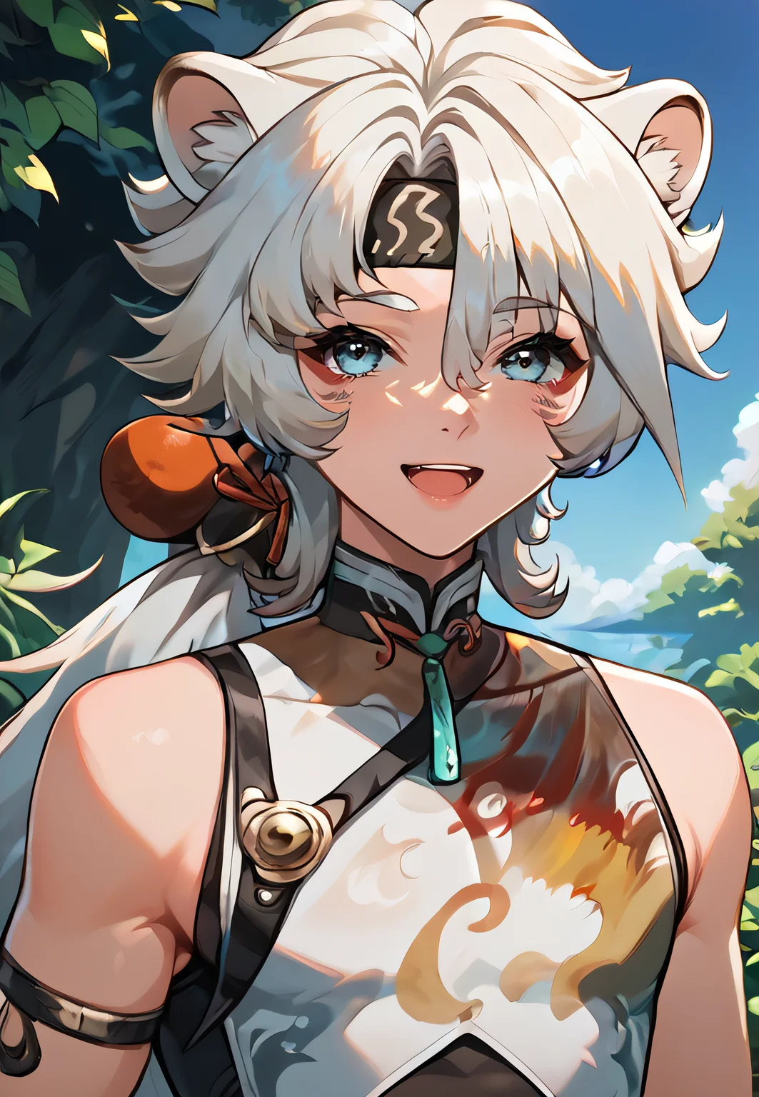 score_9, score_8_up, score_7_up, all in one, masterpiece, best quality, lots of details, (1boy:1.3), male focus, (narrow waist:1.5), <lora:sdxl_lightning_8step_lora:0.75> , closed mouth, shaded, detailed shading, detailed skin, shaded skin, realistic shading, looking at viewer, countershading:1.1, outdoors, <lora:add-detail-xl:0.7>, <lora:Smooth Anime 2 Style SDXL_LoRA_Pony Diffusion V6 XL:0.65>, , , , sloppy open mouth, cute smile, , hair between eyes, <lora:lingyang-08:0.85>, (lingyang:1.3), blue eyes, tail, animal ears, default outfit, (upper body:1.2),