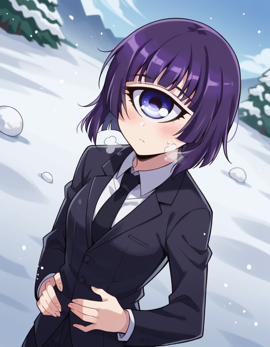 score_9, score_8_up, score_7_up, source_anime, <lora:cyclops-manako-s1-ponyxl-lora-nochekaiser:1>, manako, short hair, blue eyes, purple eyes, purple hair, one-eyed, cyclops, medium breasts,, shirt, necktie, formal, suit, black necktie,, snow day, winter clothes, snowball fight, laughter, cold breath, white landscape, , , hand on stomach, blush,, solo,, dutch angle,