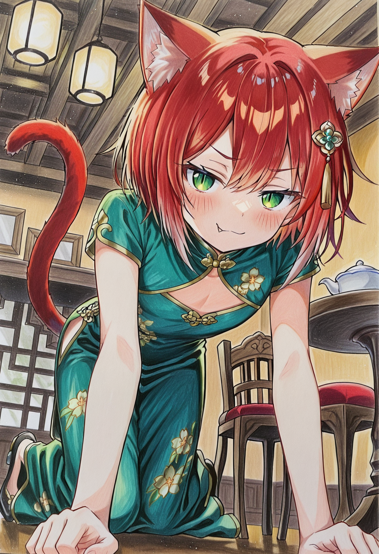 solo, 1boy,flat chest, trap, skinny, catboy, red tail, red cat ears, bob hair, red hair, green eyes, slit pupils, detailed eyes,
chinese princess outfit, green dress, short sleeves, blushing, shy, long skirt, floral print, on all fours, hair ornament, fang,
from below, smug, cafe,
colorpencilstyle, color pencil art, <lora:Hanran_Non_artist_style:1>,