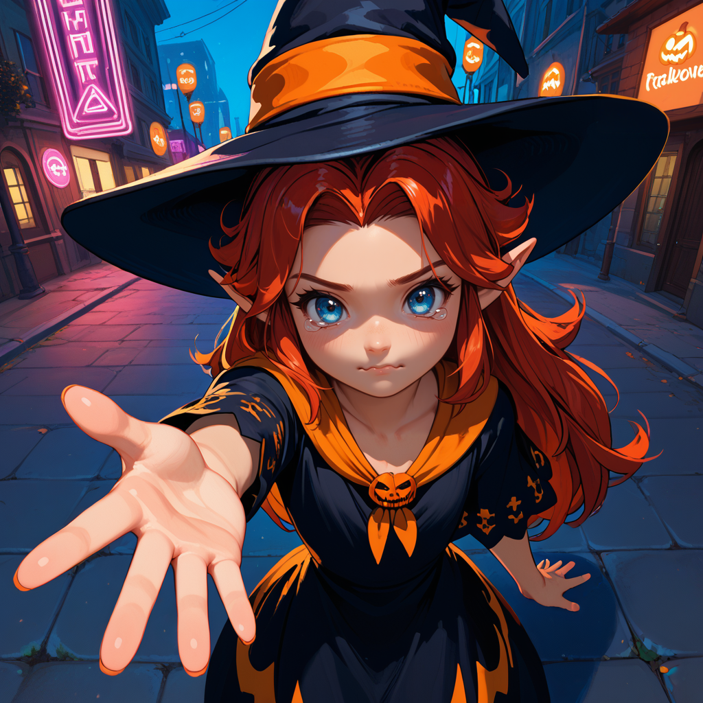 1girl,solo,cmalon,red hair,long hair,parted bangs,blue eyes,pointy ears,<lora:meh:0.8>,flat chest,witch costume,halloween costume,witch hat,
outdoors,city,street,neon lights,
standing,from above,outstretched hand,open hand,hand on own hip,looking at viewer,wavy mouth,closed mouth,tearing up,<lora:StS_PonyXL_Detail_Slider_v1.4_iteration_3:1.2>,, score_9, score_8_up, score_7_up, perfect anatomy, source_anime, zPDXL2,