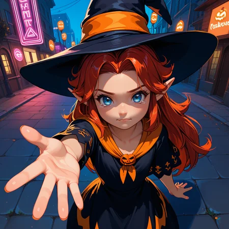 1girl,solo,cmalon,red hair,long hair,parted bangs,blue eyes,pointy ears,<lora:meh:0.8>,flat chest,witch costume,halloween costume,witch hat,
outdoors,city,street,neon lights,
standing,from above,outstretched hand,open hand,hand on own hip,looking at viewer,wavy mouth,closed mouth,tearing up,<lora:StS_PonyXL_Detail_Slider_v1.4_iteration_3:1.2>,, score_9, score_8_up, score_7_up, perfect anatomy, source_anime, zPDXL2,