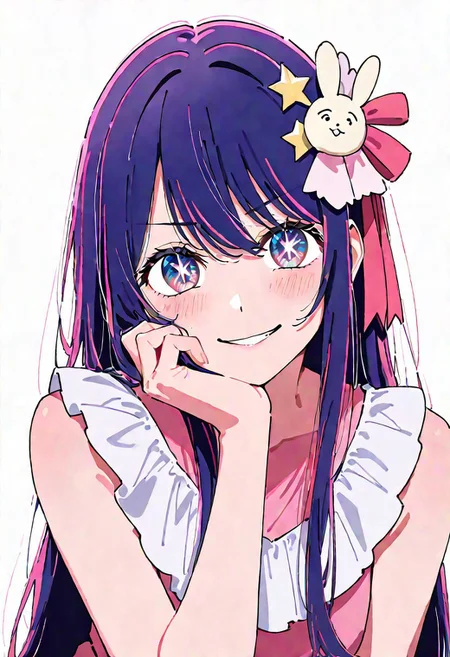 1girl, hoshino_ai,oshi_no_ko,"hoshino ai, oshi no ko","1girl, purple eyes, hair between eyes, star-shaped pupils, purple hair, long hair, rabbit hair ornament, star hair ornament, sidelocks, hair ribbon. beautiful, detailed eyes, \(hairstyle\), young, blue eyes, white top, muted colors, {{beautiful detailed face}}, semi-realistic, {{aesthetic}}, {{{best quality}}}, stunning, perfect body, soft features, looking at viewer, {playful|smirking} \(expression\), upper body, leaning, hand on face