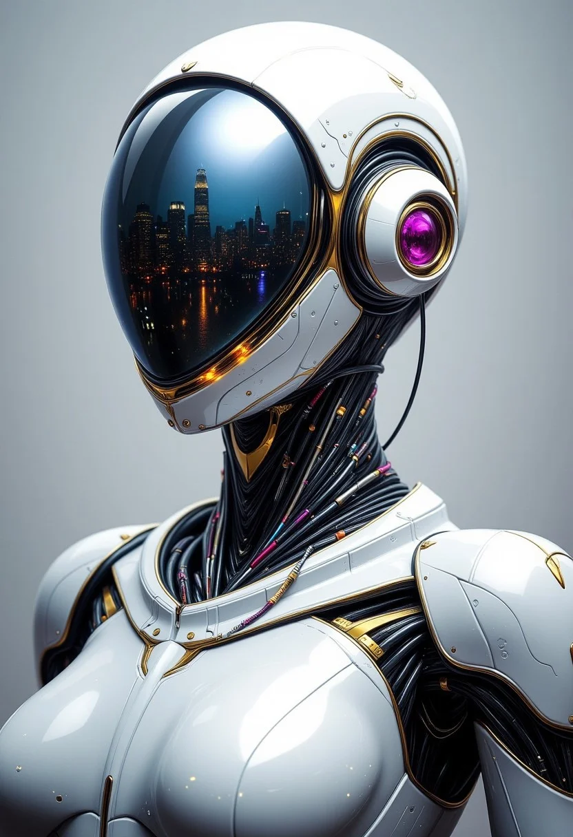 masterpiece, ((inkpunk cell-shaded style)), realistic painting, portrait of a high-end, intricately detailed robot, white ceramics, cables and wires, robot joints, lights, its faceplate visor reflecting cityscape, ArsFriends