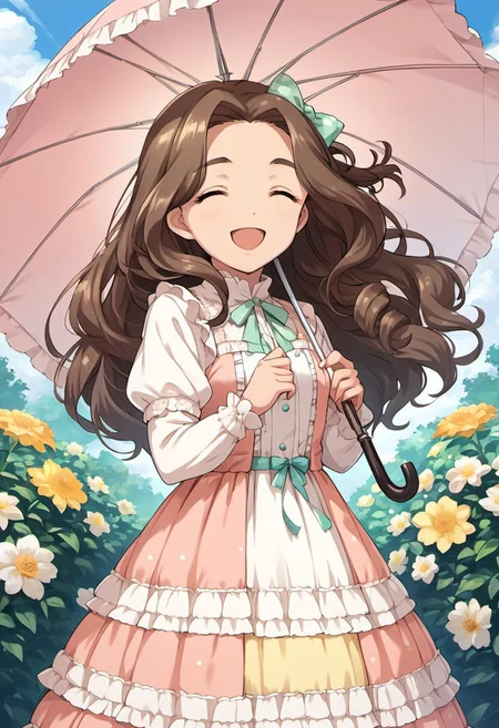 score_9, score_8_up, score_7_up, source_anime, kusakabe wakaba, long hair, brown hair, green eyes, 1girl, umbrella, closed eyes, dress, solo, bow, smile, hair bow, flower, open mouth