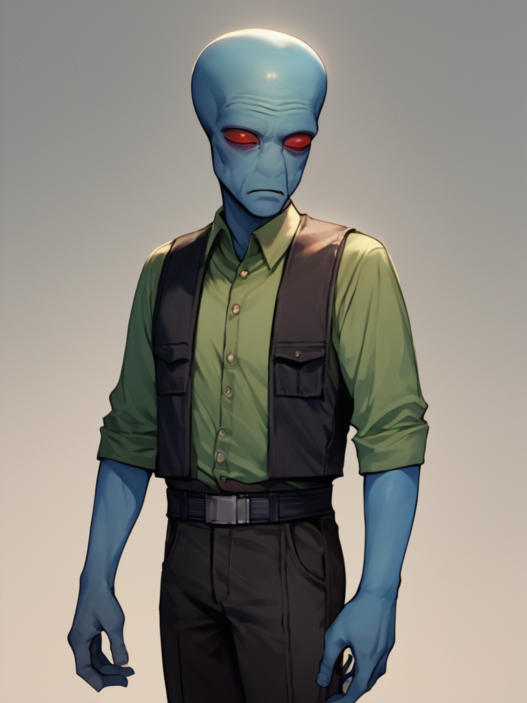 score_7_up, score_8_up, score_9, masterpiece, (1boy, solo,)perfect face, perfect hands, high quality, source_anime, cowboy shot, <lora:Duros_-_Star_Wars:1> duros, 1boy, colored skin, alien, red eyes, blue skin, bald, standing, black vest, green undershirt, black pants, utility belt,