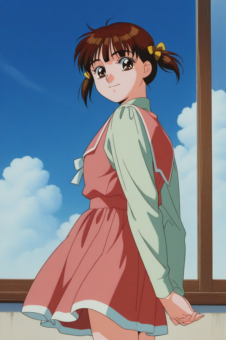 masterpiece, best quality, source_anime,official art,perfect_anatomy,1990s_\(style\),retro_artstyle, miho_shinohara,1girl,short twintails,brown hair,brown eyes,pink dress,(beautiful detailed face,looking_at_viewer,smile),cowboy shot,hands behind back,hip,from side,close to viewer,day,blue_sky,cloud