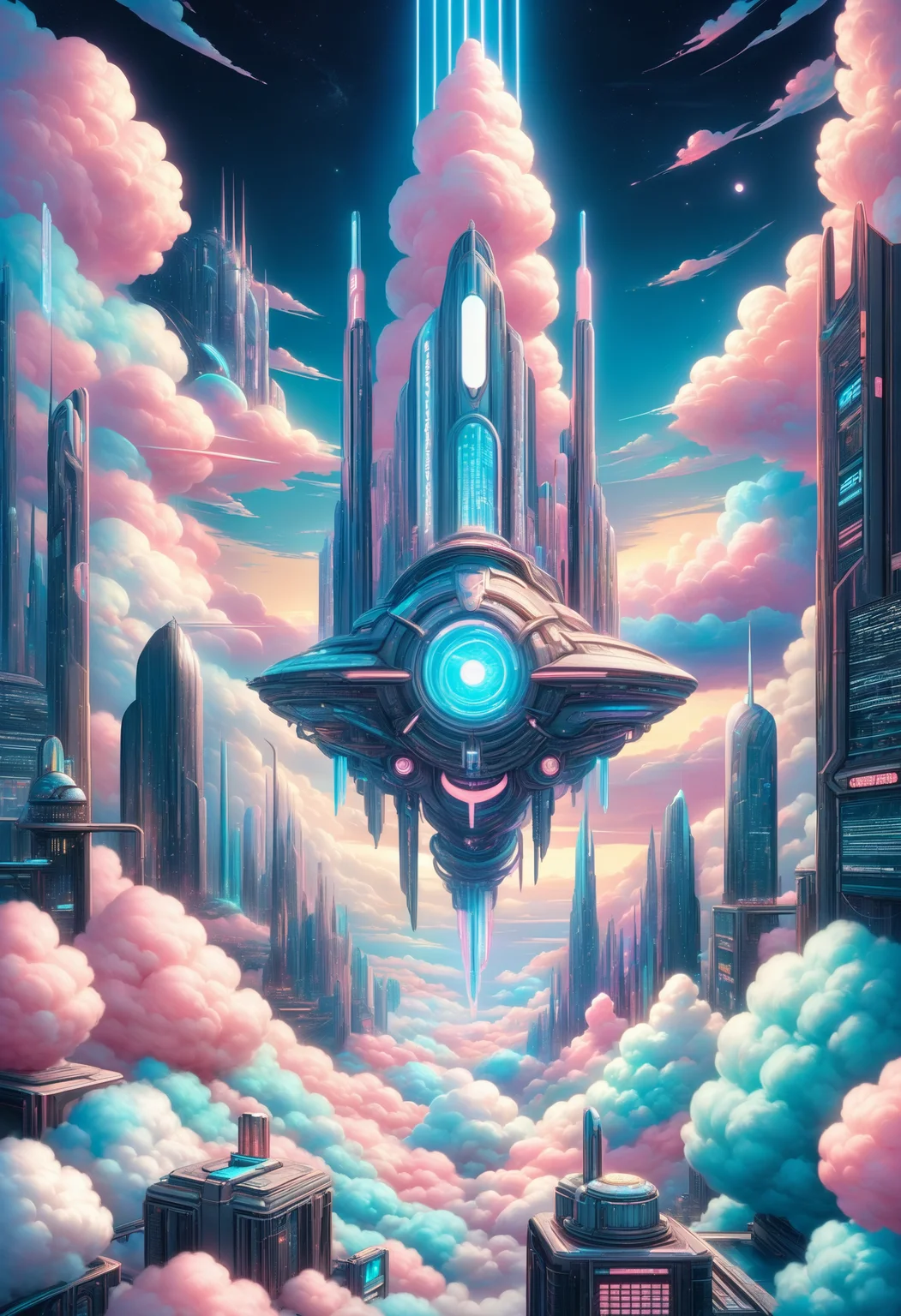 embedding:lazympos, cottoncandy, city made of cotton candy, science fiction, futuristic, night, neon lights, megastructure, above clouds <lora:Challenge_Winnifier_2025-04:0> <lora:SDXLCottonCandy:1>