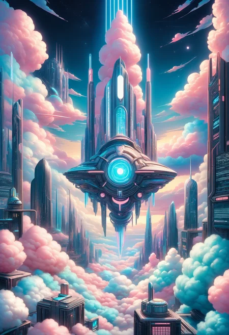 embedding:lazympos, cottoncandy, city made of cotton candy, science fiction, futuristic, night, neon lights, megastructure, above clouds <lora:Challenge_Winnifier_2025-04:0> <lora:SDXLCottonCandy:1>