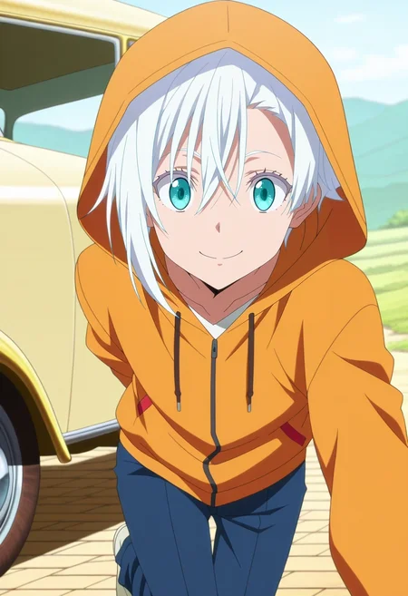 masterpiece, best quality, anime screencap, anime coloring, official style, , looking at viewer, 1boy, male focus, turquoise eyes, white hair, asymmetrical hair,, solo, vintage car, roadside, leaning against hood, one leg propped up, playful expression, late afternoon light, <lora:tensura_style_ilxl:1>, tensura_style,