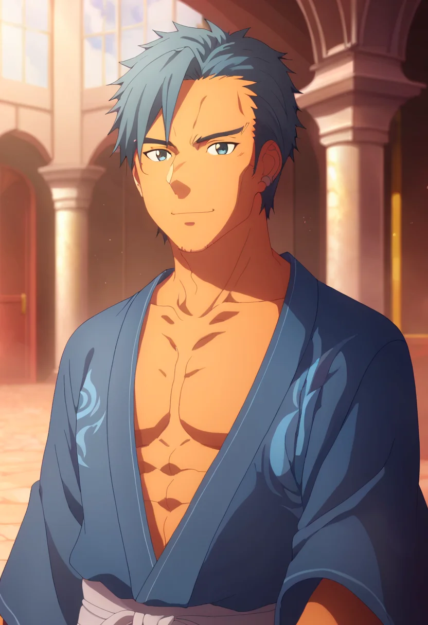 score_9, <lora:Bercouli_Synthesis_One:1> bercouli synthesis one, 1boy, bercouli synthesis one, black hair, blue hair, collarbone, earrings, facial hair, japanese clothes, looking at viewer, male focus, official style, pectorals, portrait, short hair, solo, stubble