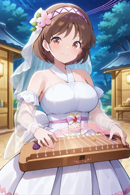 absurdres, highres, masterpiece, best quality, amazing quality, official anime artwork, screencap, anime screencap, outdoors, looking at viewer, night,
<lora:Tsukomo-Yatsuhashi_Illustrious:1> tsukumo yatsuhashi, 1girl, solo, brown eyes, brown hair, short hair,, tsukumo yatsuhashi \(pure and radiant white camphor\), alternate costume, hair flower, pink flower, bridal veil, white hairband, wedding dress, white dress, bare shoulders, detached sleeves, see-through sleeves, wide sleeves, koto (instrument),