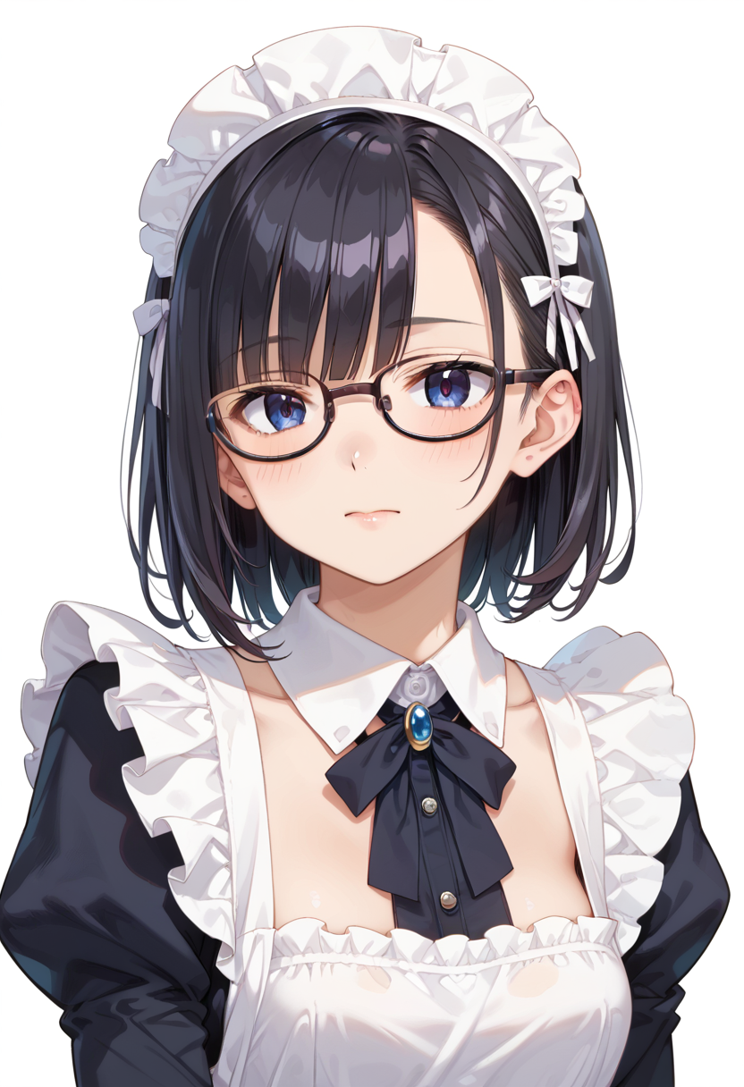 score_9, score_8_up, score_7_up, rating_safe, masterpiece, best quality, absurdres, unity 8k wallpaper, official art, official style, source_anime, uncensored, game cg, megami magazine,
1girl, solo, black hair, medium hair, upper body, covered eyes,maid, maid headdress, black dress, maid apron, face focus,
oval_metal, glasses, still life, white background, simple background, black-framed eyewear,
 <lora:glasses_OvalMetal2_PONY_V1:1>