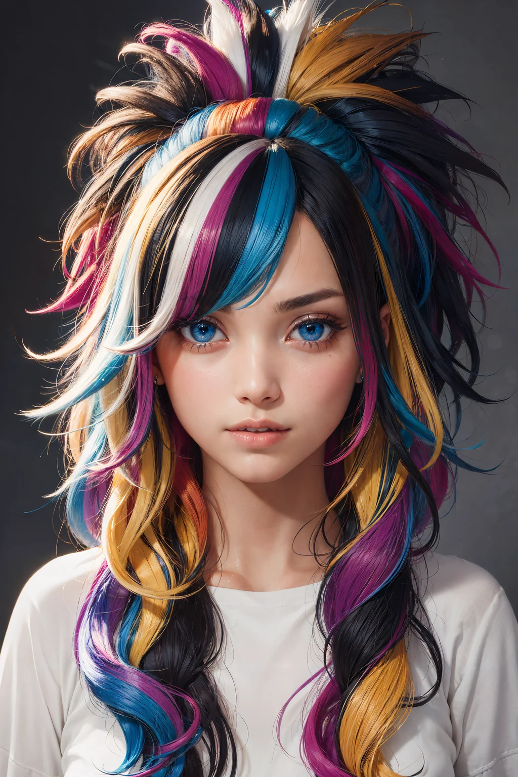 best quality, masterpiece, girl with really wild hair, mane, multicolored hair