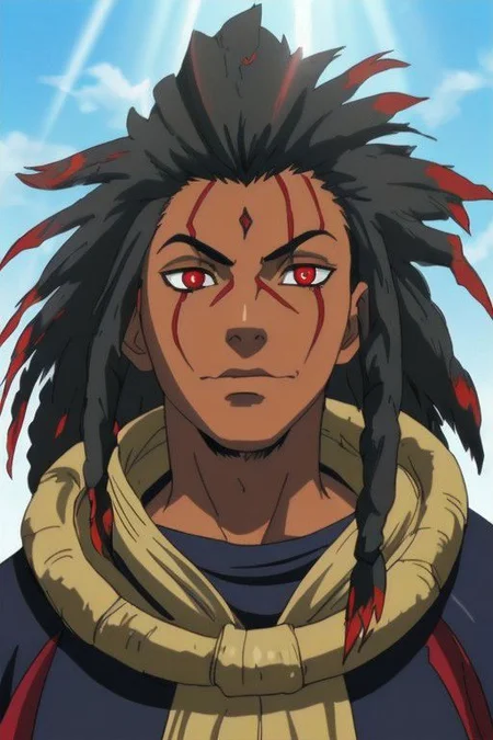 Anime Highly Detailed ((vibrant)) (Dark) (Smoky) (Samurai) Solo (Closeup) Portrait (Male) (Man) (Masculine) face serious (African-American) (red dreadlocks) (Dark-skinned) (Clear eyes) (Glowing Eyes) dark shadowed (rays of light)