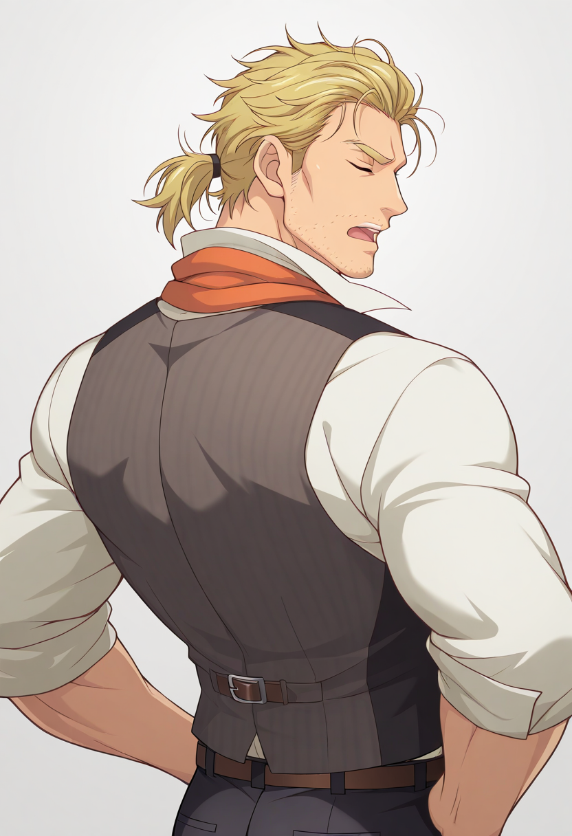 <lora:The_builder_from_the_anime_The_Unaware_Atelier_Master:1>, safe_pos, solo, masterpiece, best quality, newest, absurdres, highres, high quality, highly detailed, ultra hd, best quality, male focus, (absurdres, highres), official art, bright,
yellow hair, vest, close-up, brown eyes, Manly, 1boy, yellow eyes, male, sleeves rolled up, disheveled hair, male focus, shirt, wide-collared shirt, open mouth, adult, hand on hip, facial hair, closed eyes, short ponytail, belt, Male, eye focus, long hair, solo, t_u_a_m, Adult, upper body, stubble, T_U_A_M, ponytail, from behind, manly, blonde hair, scarf