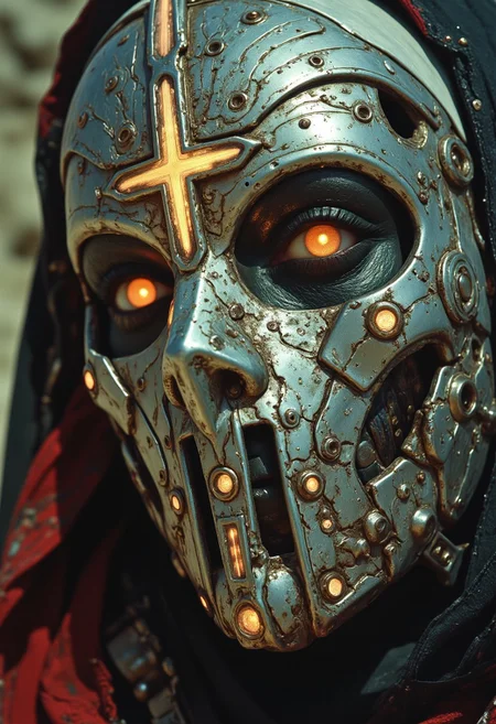 An extreme close-up of the nun’s face, framed by the intense, gritty realism of an old analog camera. The mechanical hknuns nun wears a detailed, ancient silver mask, its surface weathered and battle-scarred, yet intricately adorned with delicate engravings. The mask reflects the faint glow of divine energy, with radiant golden and white light flickering across its surface, highlighting every crevice and contour. Light shimmers and dances along the metallic surface, casting sharp contrasts between the glowing highlights and the deep shadows that fill the engraved details.
The eyes of the mask are hollow and eerie, yet there’s an ethereal light faintly pulsing from within, suggesting a divine power concealed behind the cold steel. Around her, the chaotic swirl of a dense, raging sandstorm blurs the edges of the image, creating an atmosphere of both serenity and violence. The violent storm is reflected in the shiny mask, capturing the dark, swirling sands while beams of holy light flicker from her weapon, illuminating her haunting presence in the middle of the storm.