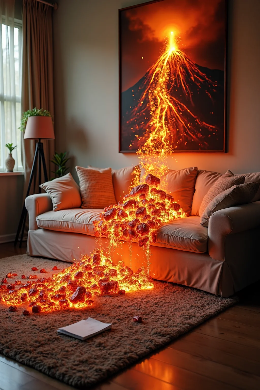 A cozy living room features a soft sofa and a warm, textured rug. Above the couch hangs a dramatic painting of an erupting volcano, and suddenly, lava starts to spill out from the frame, flowing down onto the floor. Bright orange and red streams of molten rock cascade over the carpet, creating a vivid contrast with the room's serene decor. Bits of embers spark and float in the air, catching the soft light and igniting a few stray papers nearby. The heat emanating from the lava warps the air, and the surrounding furniture shimmers with a surreal, fiery glow that transforms the peaceful atmosphere into one of chaotic beauty.