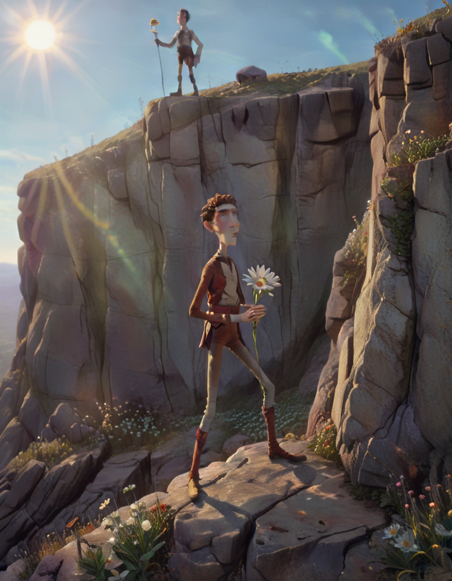 stopmotion, The Fool: A young man, the wanderer, stands at the edge of a cliff, basking in the glow of the sun, holding a white flower. <lora:STOPMO_2.0_RC:0.95>