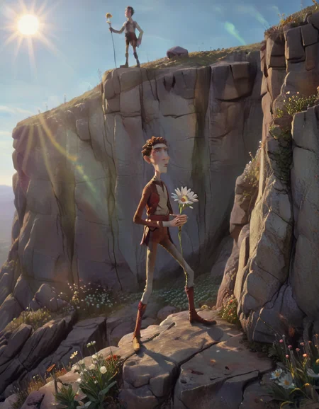 stopmotion, The Fool: A young man, the wanderer, stands at the edge of a cliff, basking in the glow of the sun, holding a white flower. <lora:STOPMO_2.0_RC:0.95>