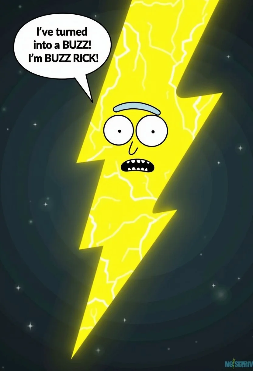A Buzz Lightning bolt with the face of Rick from RICK AND MORTY with a speech bubble that says "I've turned into a BUZZ, Morty! I'm BUZZ RICK!"