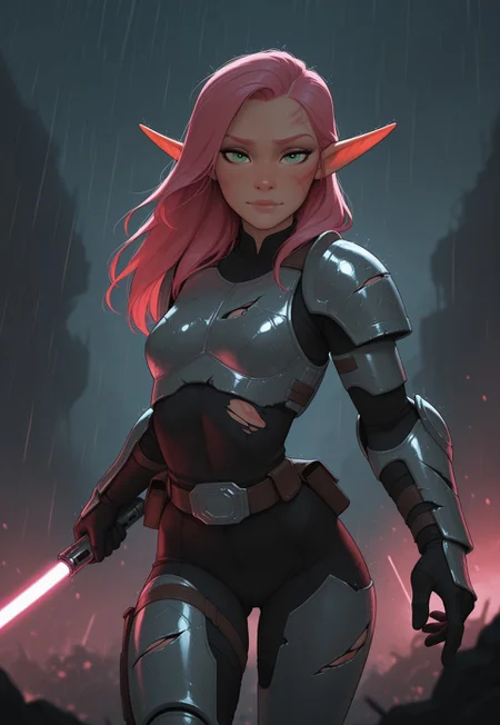 masterpiece, best quality, amazing quality, very aesthetic, DISNEY_ANIMATION, incoth, (incase:0.6), female, solo, (depth of field), outoors, sci-fi, futuristic, raining, battlefield,

elf, pink hair, green eyes, cute face, slim, small breasts, long hair swept to one side, beautiful, kawaii, (short ears), serene expression,

mandalorian armor, damaged armor, scorch marks on armor, ripped clothes, torn clothes, sleek purple lightsaber,

standing, dynamic pose, battle stance, looking at viewer, laser shots in the air, battle, explosions,