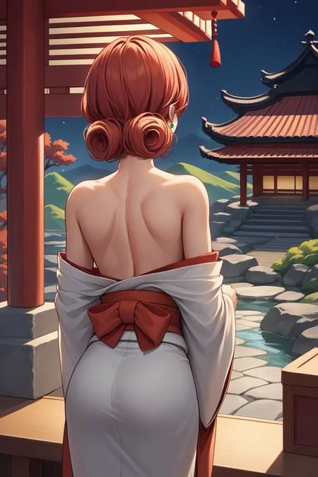 source_anime, score_9, score_8_up, 1girl <lora:NSPennyStardew:1> NSPennyStardew, green eyes, short hair, red hair, earrings, curly hair, from behind, kimono, bare shoulders, Japanese palace background, night
