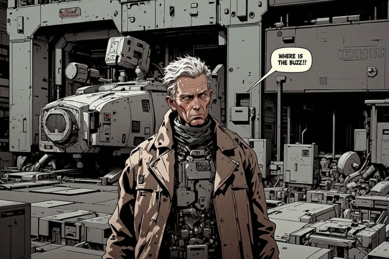 car, cyberpunk, ground vehicle, jacket, military, military vehicle, motor vehicle, old, old man saying on a speech bubble: âWhere is the Buzz?!â, realistic, science fiction, tank, <lora:FluxMythP0rtr4itStyle:1> mythp0rt <lora:test2:1> nistyle <lora:flux.1_lora_flyway_Epic-detail_v2:1> <lora:CPA:1> anime, cyberpunk