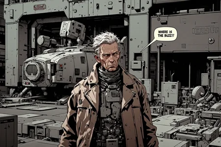 car, cyberpunk, ground vehicle, jacket, military, military vehicle, motor vehicle, old, old man saying on a speech bubble: âWhere is the Buzz?!â, realistic, science fiction, tank, <lora:FluxMythP0rtr4itStyle:1> mythp0rt <lora:test2:1> nistyle <lora:flux.1_lora_flyway_Epic-detail_v2:1> <lora:CPA:1> anime, cyberpunk
