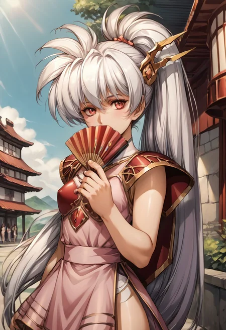 (score_9,score_8_up,score_7_up,source_anime,(masterpiece:1.2),best quality,very aesthetic,public indecency,absurdres),masterpiece,best quality,very aesthetic,fantasy,absurdres,1girl,solo, <lora:luna_p_v1.2:1>,Luna,white hair, ponytail, , very long hair lora:Fixhands_anime_bdsqlsz_V1:1> junihitoe kimono, 1girl, solo, hand fan, egasumi, looking at viewer, folding fan, holding, holding fan, pink kimono, floral print, sleeves past wrists, covering mouth, hime cut, masterpiece,best quality, very aesthetic, absurdres, ultra detailed, high resolution, 4k, extremely detailed CG,