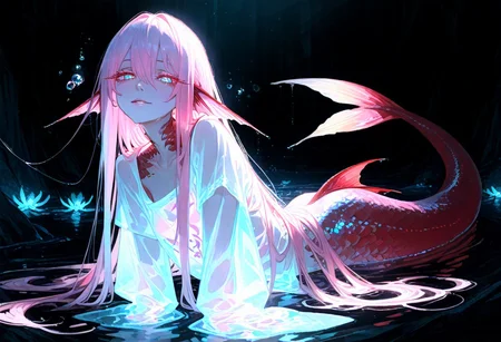 masterpiece, best quality, amazing quality, very aesthetic, absurdres, newest, volumetric lighting, holographic colors, cute, gradient colors, masterpiece, best quality, amazing quality, very aesthetic, volumetric lighting,1girl, uncensored, 
BREAK
nsfw, 
 ambient occlusion, raytracing, soft lighting, blum effect, masterpiece, particles, glow, shining, intricate cinematic background, (beautiful face), 
BREAK
masterpiece, highly detailed,1girl,beautiful eyes, big eyes, detailed eyes, detailed pupils, perfect body,
(sexy, slutty, hot)
flirting:2.0,
very long cascading hair, water, very beautiful, sexy, sexy body, beautiful body, scales, wet body, Iridescent scales, bubbles, water drops, Iridescent skin, multi colored eyes, 
 bioluminescent skin, bioluminescent, glowing, bioluminescent scales, bioluminescent hair, bioluminescent scales, 
wet transparent clothing, wet see through shirt, see-through clothing, translucent clothing, flowing sleeves, flowing hair,
Merrow, mermaid, fins, head fins, pink hair, red tail,
dynamic pose,
(intense colors:1.2), (gentle, very delicate:1.3), 
skinny, cute face, low light, cinematic lighting, very long hair, long bangs, 
looking at viewer, (huge eyes:1.2), (soft lips:1.2), 
calm expression, gentle smile, (very long eyelashes:1.2), 
<lora:spo_sdxl_10ep_4k-data_lora_webui:0.6> <lora:ponyv5_noobV065S_1_adamW-000013:0.7> <lora:USNR_STYLE_XL_lokr:0.45> <lora:GBF_Illustrious:0.4> <lora:748cmSDXL:0.8>