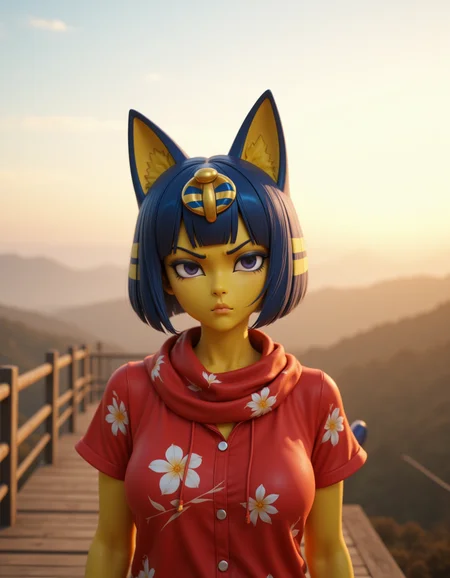 3d CGI Style in a wide shot. Looking at viewer, outdoors in daylight, explicit
She is a 25 year old mature woman, and adult, Angry with furrowed brows, clenched jaw, and piercing eyes that burn with frustration.
<lora:Animal_Crossing_-_Ankah_V2_000030:1> she is an egyptian woman with yellow skin, with cat ears. Blue hair in a bob cut with blunt bangs, she is a furry female with a cat tail. Wearing a
Bright red short-sleeved shirt adorned with white floral patterns, offering a tropical vibe.
A woman stands on a wooden deck at dawn, wrapped in a scarf as she watches the fog slowly lift from the valley below, the world still and quiet.