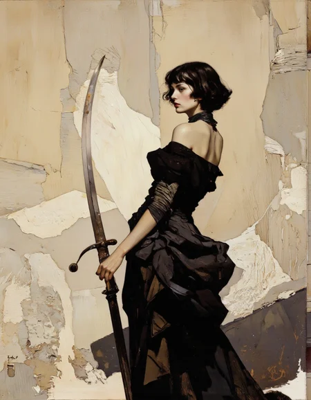 Art by Jeffrey Catherine Jones. A painting of a woman in a black dress, holding a long, curved sword, standing against a textured, beige background. the woman, positioned in the middle of the image, is facing away from the viewer, with her back to the viewer. she has short, black hair that falls down her back, and she is wearing a black, off-the-shoulder dress that accentuates her bare shoulders. her expression is determined and her body is slim. she is holding a sword in her right hand, and her left hand is gripping the edge of the sword. the background is abstract, with a mix of light and dark tones, and the texture of the wall behind her is rough and textured. the style is realistic with a focus on texture and detail, and it is signed by the artist in the bottom left corner.