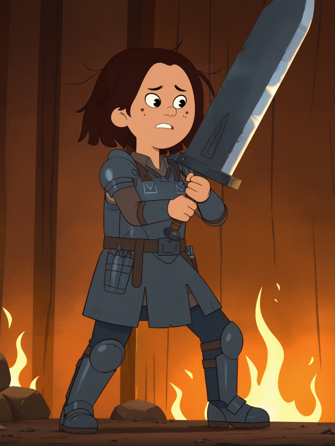 <lora:ThaoIL:0.8> _o, 1girl, short hair, brown hair, black eyes, freckles,
gigantic sword, steel armor,glowing liens, action, full body, glowing background