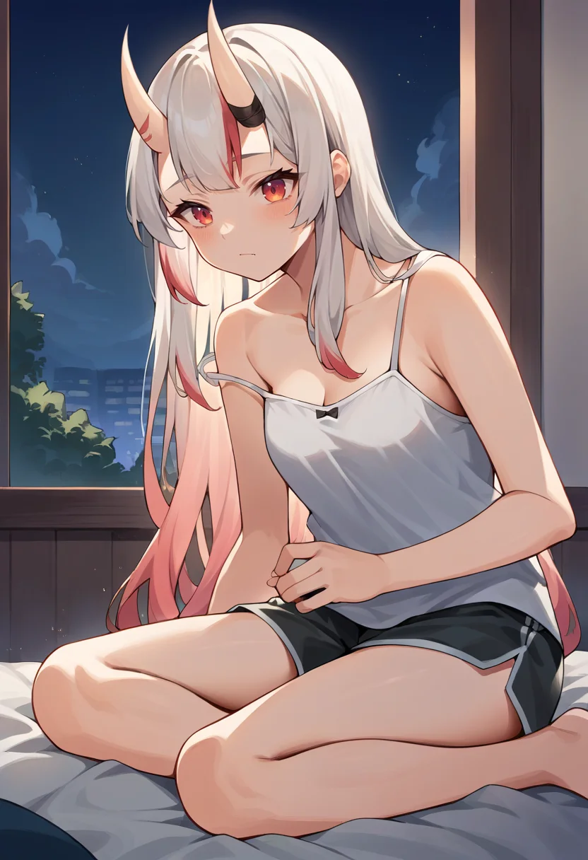 score_9, score_8_up, score_7_up, source_anime, 1girl, solo, NakiriAyame, oni horns, long hair, sleepwear, camisole, shorts, on bed, night, <lora:CHAR-NakiriAyamePonyXL:1>
