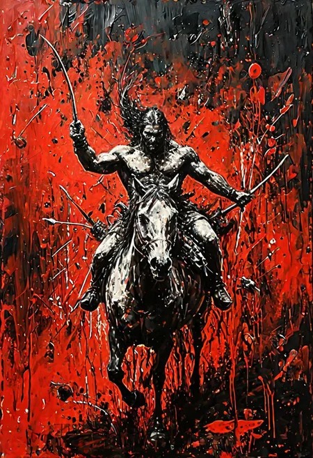 (Impressionism: 1.5), (abstract acrylic painting), red and black and white shades, (large strokes: 1.3), painting on canvas, filled with movement, (action packed), (barbarian nomad) riding a horse, (arriving: 1.5), holding a bow in the hand, (looking forward), macro photo, sparkling magical fantasy glass rose dewdrop, dragonfly on the rose, very detailed, amazing quality, intricate, cinematic light, highly detail, beautiful, surreal, dramatic, galaxy fantasy colors, (from above: 1.3), dinamic position, (much splashes of blood and dirt: 1.3) from under the hooves, realism, modern art, abstraction, absurdity, acrylic painting on canvas, (silhouette in strokes: 1.6)