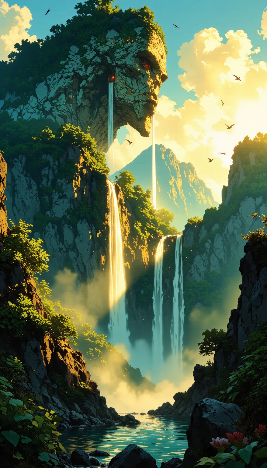 A colossal stone titan, covered in glowing ancient runes, rises from the heart of a forgotten valley shrouded in mist. Towering waterfalls cascade from its massive shoulders, feeding a crystal-clear lake that reflects the golden sunrise. Vines and lush greenery drape over its weathered form, as flocks of birds scatter in awe of its awakening. The valley itself is breathtaking—floating rock formations hover above, bioluminescent flora glow faintly in the early morning mist, and distant mountains pierce the sky like silent guardians. The scene radiates awe, majesty, and ancient power, with a color palette of deep emerald greens, glowing golds, and ethereal blues. Cinematic fantasy landscape, ultra-detailed atmospheric lighting, epic scale, high dynamic range, godlike presence, intricate environmental storytelling, soft morning haze, volumetric mist.