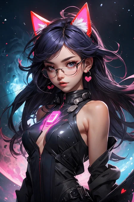 glasses, 1girl, solo, long hair, lips, jewelry, upper body, indoors, realistic, semi-rimless eyewear, animal ears, earphones, bare shoulders, breasts, under-rim eyewear, hearts, sparkles, particles, (glowing:1.2), glow, 
<lora:more_details:0.3>
 <lora:Cosmic anime-oil fusion v2:0.3> 
<lora:AnimeVibesV3:0.25> animevibes, 
<lora:3DMM_V11:0.45> 3DMM 
<lora:midjourney_20230624181825:0.25> midjourney ,
 <lora:LAS:0.2> colorful, nebula, 
<lora:msw_locon-t2:0.4>
 <lora:wuxia2:0.35> gu, shiny, shiny hair, shiny skin, shiny clothes