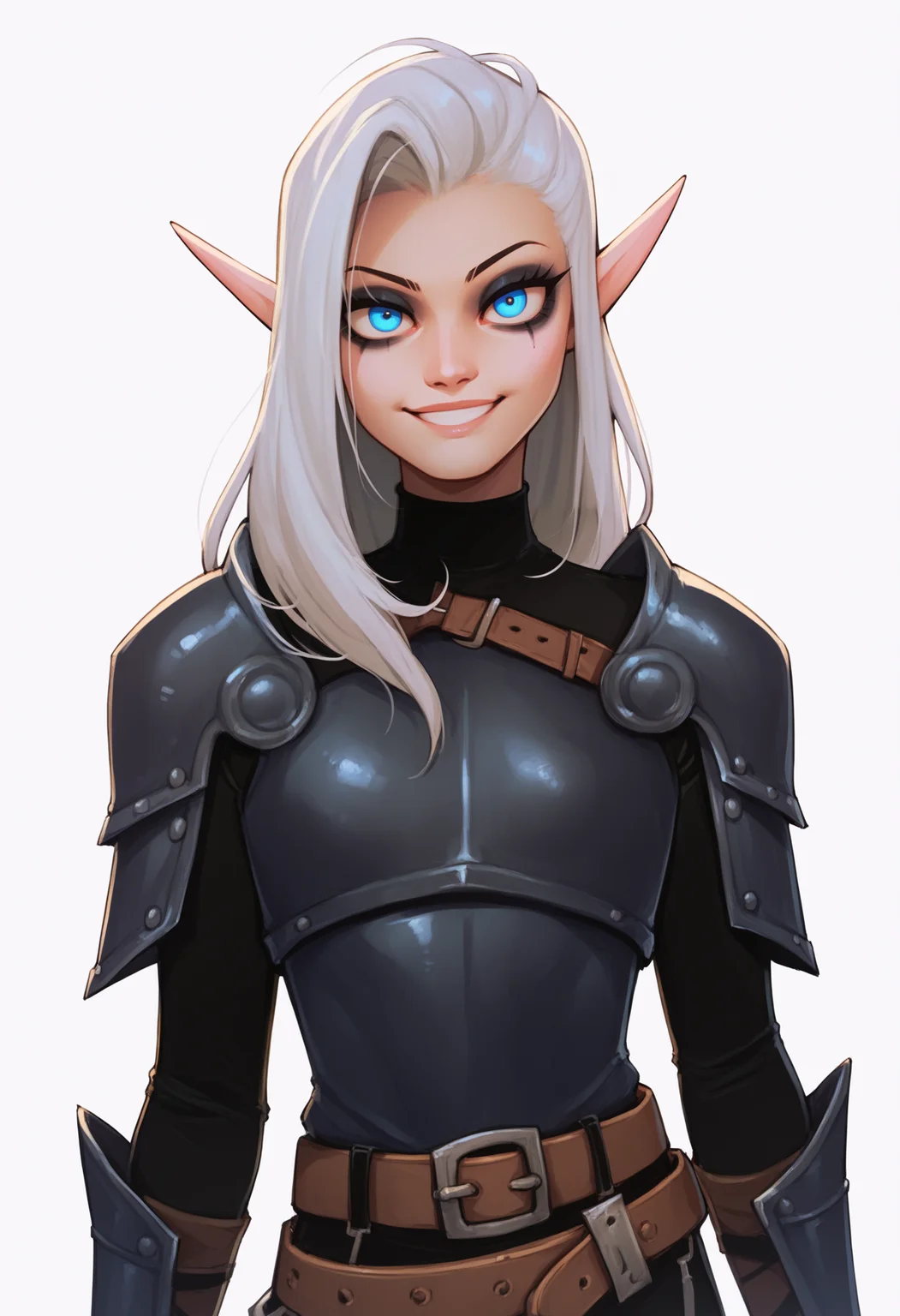 score_9, score_8_up, score_7_up, score_6_up, score_5_up, score_4_up, BREAK
1girl, maeryll, white hair, long hair, blue eyes, makeup, pointy ears, elf,
belt, armor, leather pants,
smile, upper body, looking at viewer, solo, simple background, white background <lora:MaeryllXL:1>