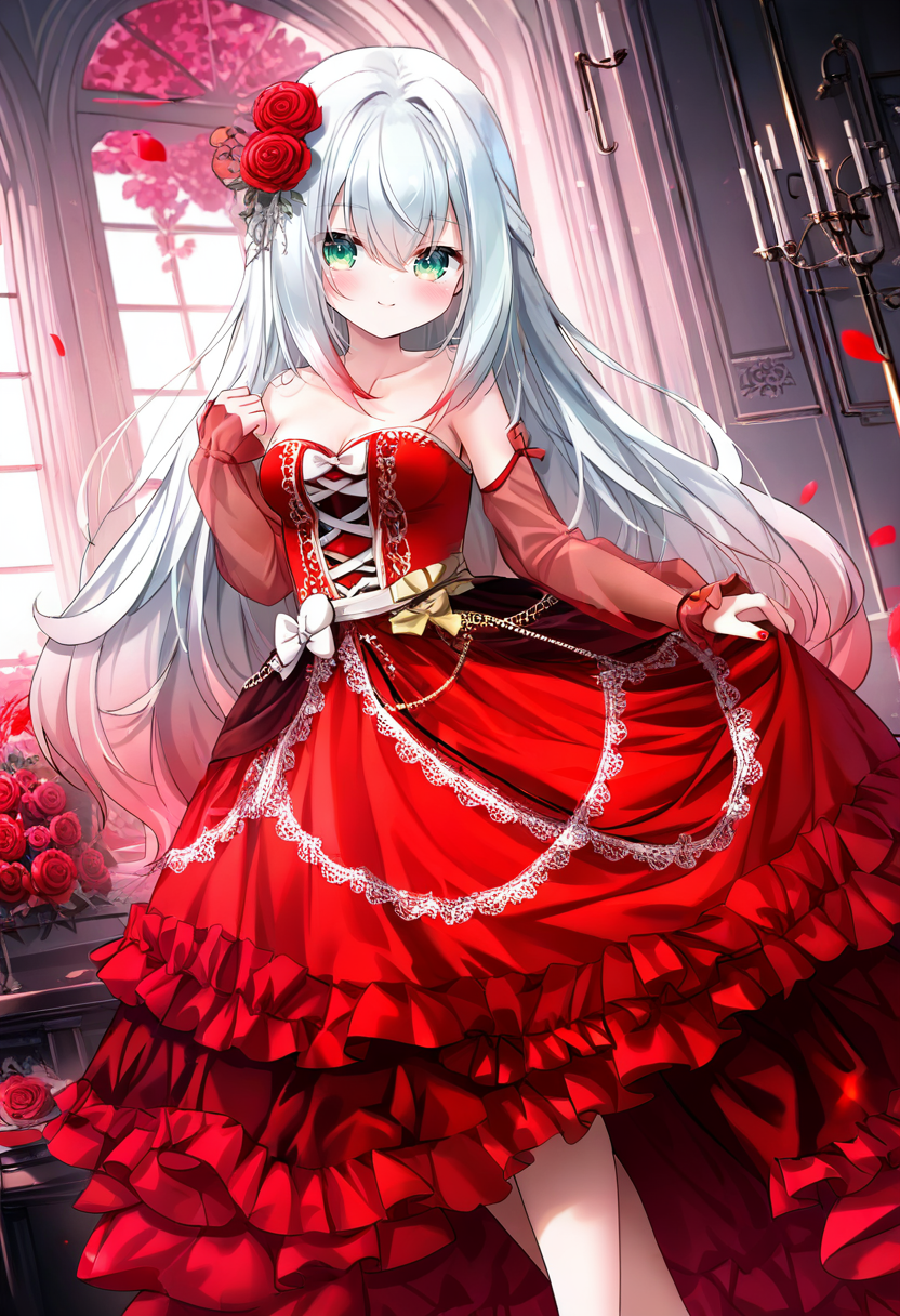 1girl,noa fleur,battle spirits,bare shoulders,breasts,cleavage,closed mouth,collarbone,detached sleeves,dress,flower,green eyes,hair between eyes,hair flower,hair ornament,hand up,indoors,long hair,long sleeves,looking at viewer,medium breasts,red dress,red flower,red hair,red rose,red sleeves,rose,skirt hold,sleeves past wrists,smile,solo,very long hair,petals,frilled dress,frills,standing,window,bow,feet out of frame,gradient hair,white bow,strapless dress,strapless,dutch angle,blush,see-through,see-through sleeves,multicolored hair,grey hair,red nail polish <lora:caoXL_NBVP1_lokr_V6311PZ:0.95>