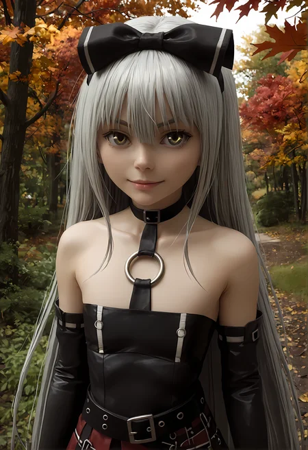 score_9, score_8_up, score_7_up,looking at viewer, shiny skin, upper body, light smile, petite,ohwx, grey_hair, long_hair, yellow_eyes, collarbone, very_long_hair, grey_eyes, hair_between_eyes, white_hair, short_hair, flat_chest, breasts,bare_shoulders, choker, bow, hair_bow, collar, ribbon, dress, skirt, black_bow, belt, black_dress, hair_ribbon, pantyhose, cosplay, gloves, elbow_gloves, black_pantyhose, hairband, thighhighs, shoes, necktie, pleated_skirt, o-ring, gothic_lolita, Japanese maple trees in autumn, vibrant red and orange leaves, soft sunlight, peaceful forest scene,<lora:sora_pony_sobsynapse-000003:0.9>