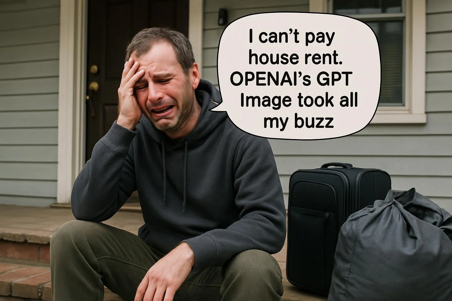 score_9,score_8_up,score_7_up, epiCRealism, A realistic picture, ultra quality,masterpiece, portrait, elegant, 4k resolution:1.3,realistic pictures of man sitting in porch evicted from his house man talking , in speech bubble reads in prominent font " i can't pay house rent OPENAI's GPT Image took all my buzz", he is crying, next to him are big bag of cloothes, suitcase, the man wearing trouser, and hoodie, background small rented house,