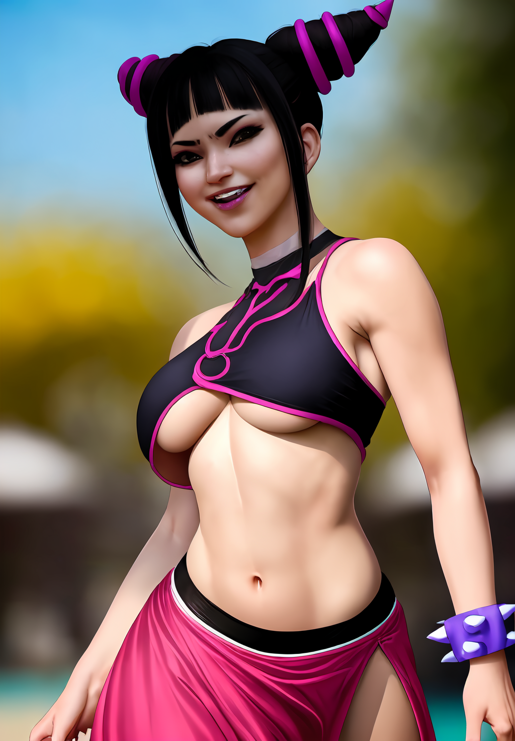 (Photo:1.3), highdetail, <lora:juri_han:0.8>, juri_han, 1girl, solo, smirk, baggy pants, spiked bracelet, toeless legwear, chinese clothes, sideboob, toes, underboob, halterneck, Dark red, gray, and black colors, vibrant colors, (summer, sunny weather:1.3), medium intensity lighting, (Soft focus:1.3), (acclaimed, alluring, captivating, exciting, gorgeous, striking:1.3), (ultra realistic, sharp focus:1.3)