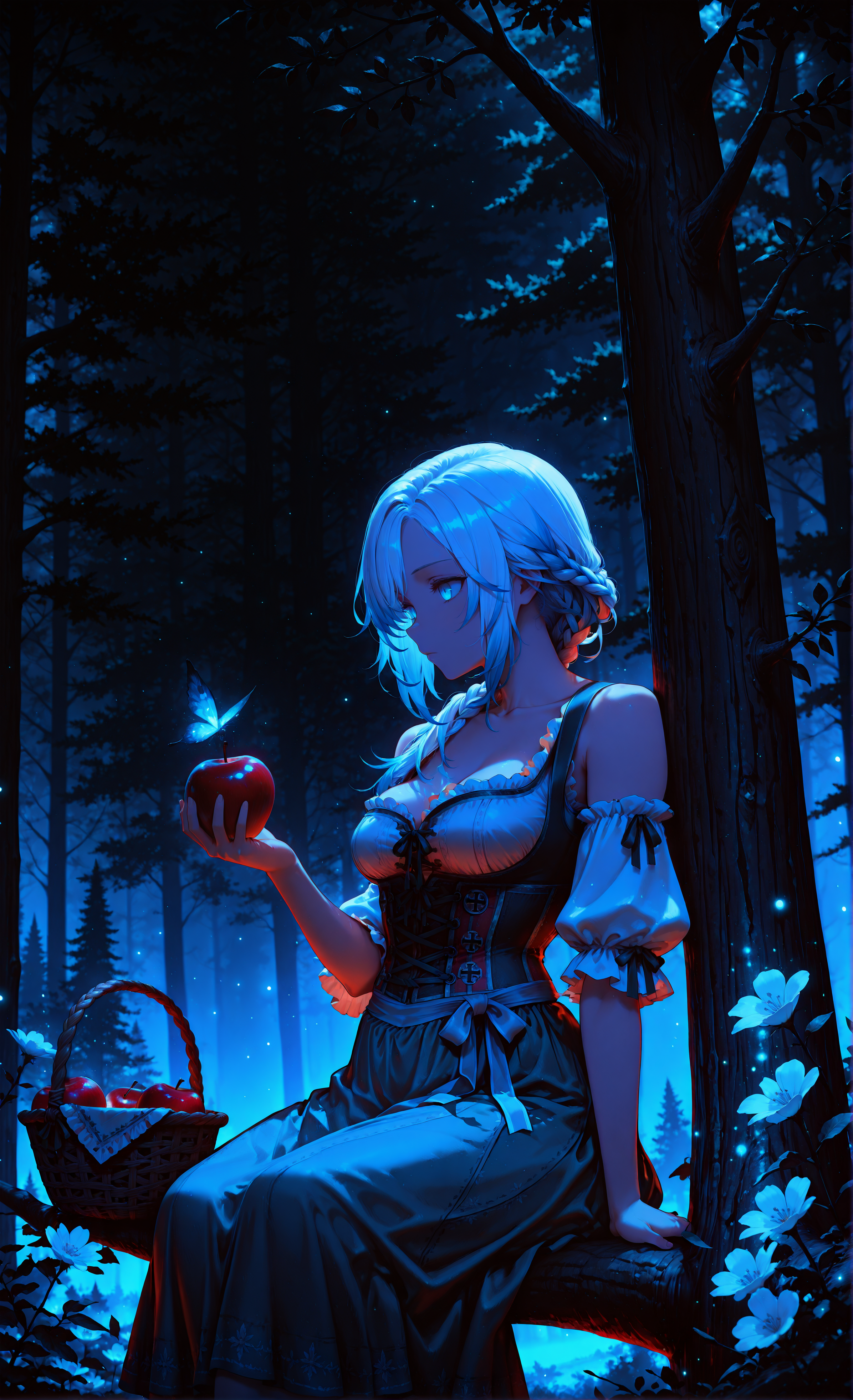 masterpiece, sharp detail, intricate detail, hair shader, 1girl, <lora:Lyarah:0.5> white hair, blue eyes, lyarah, blue hair tips, medium breasts, detailed eyes, holding, ribbon, bare shoulders, standing, collarbone, long braid, flower, short sleeves, outdoors, cowboy shot, frills, detached sleeves, hair over shoulder, nature, corset, white sleeves, basket, cross-laced clothes, german clothes, bodice, dirndl, dynamic angle, holding apple, thinking, from side, head on own knee, dark background, dark, high contrast, cinematic lighting, dark forest, trees, deep night, sitting on branch,  <lora:illustriousXL_stabilizer_v1.72:0.3> <lora:darkness_xl_v20:0.5>  <lora:V2_yakumo_alchemy:0.4>  glowing particles, glowing light particles, light particles,