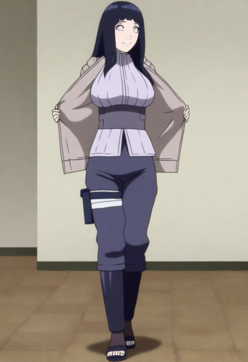 1girl, hyuuga hinata, long hair, black hair, white eyes, large breasts, perfect body, alta resolución, anatomically correct , The best quality, details, high quality, masterpiece, smile,, smile, confident posture, cargo pants, thin T-shirt, boyish jacket, brown jacket, brown shoes, standing